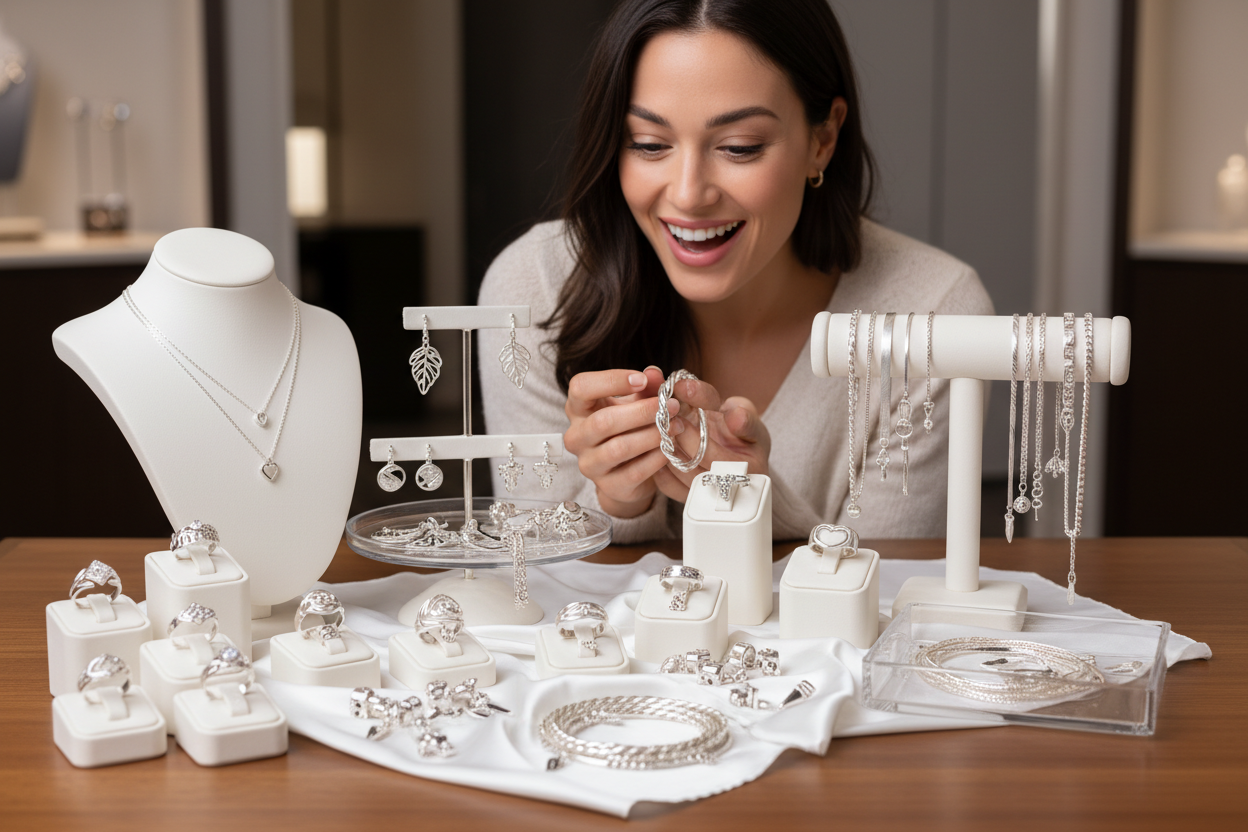 lote de joyeria de plata anillos aretes dijes y pulseras cadenas, todas de plata ley 925 observadas por una mujer muy feliz